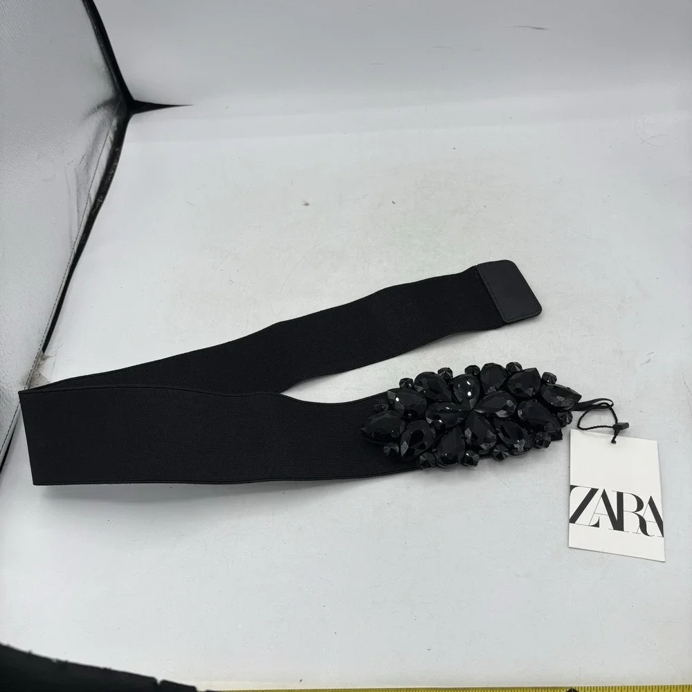 Zara Waist Dress Belt Womens Size 32 Black Snap Buckle Wide Stretch